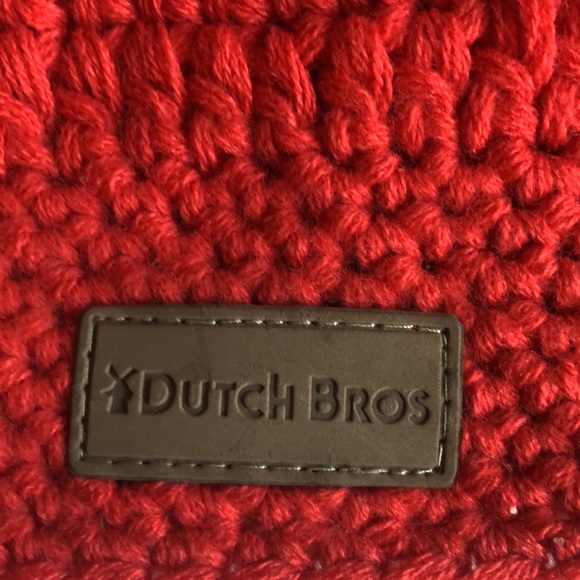 Dutch Bros red crocheted beanie with brown leather logo tag on front - Picture 2 of 3